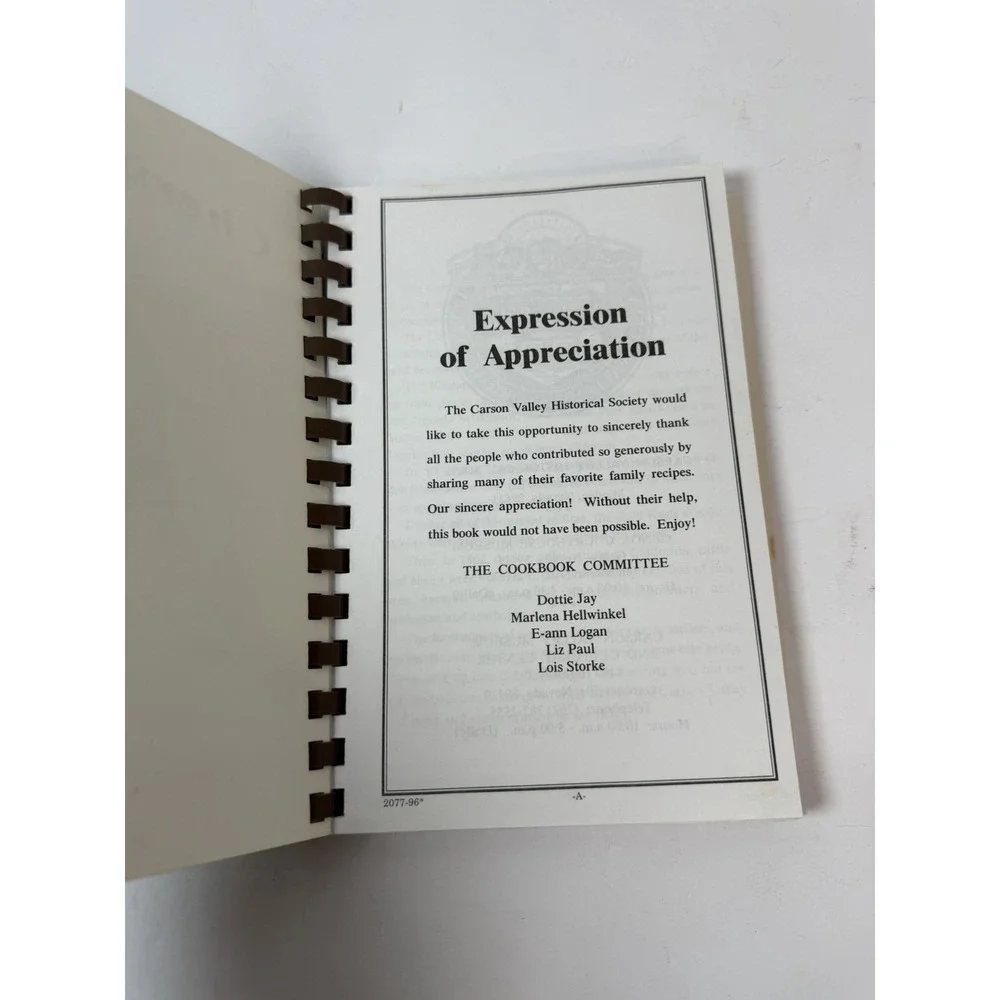 Carson Valley Historical Society Cherished Recipes‎ Spiral Cookbook Nevada